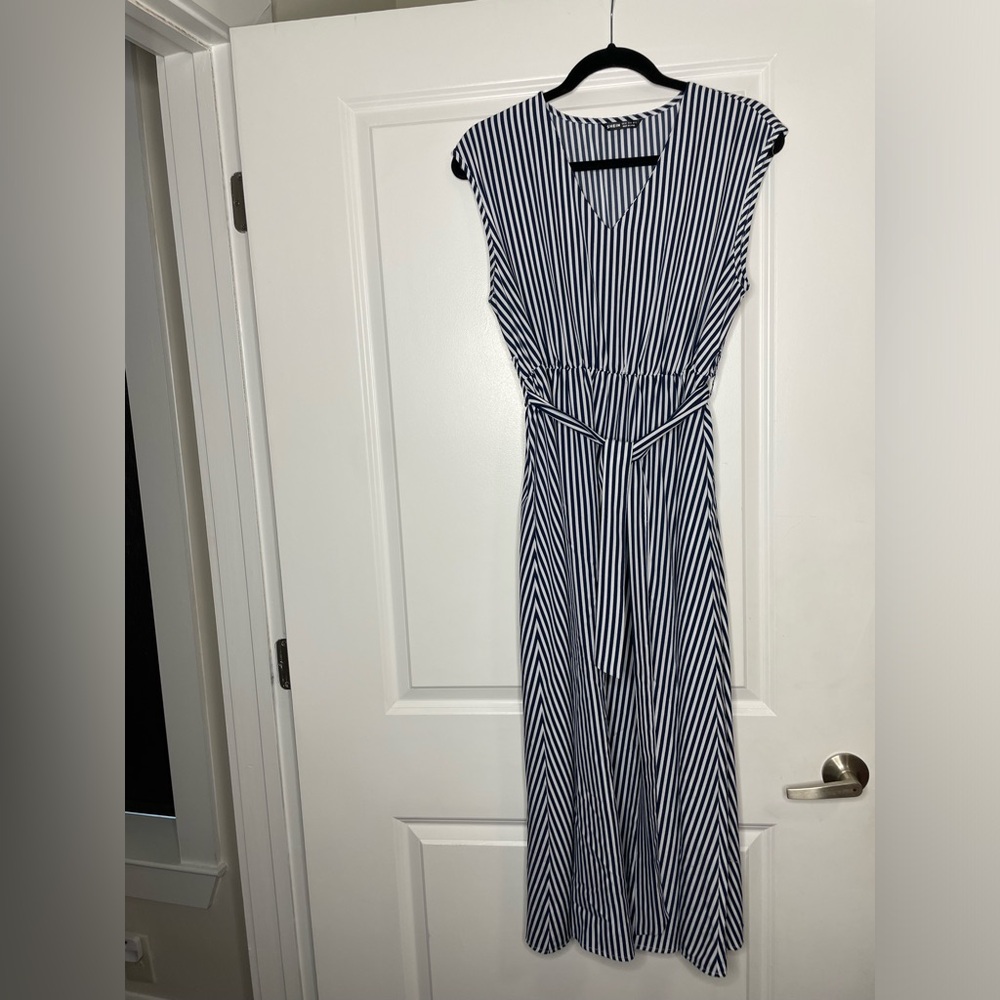 Blue and white stripped midi dress